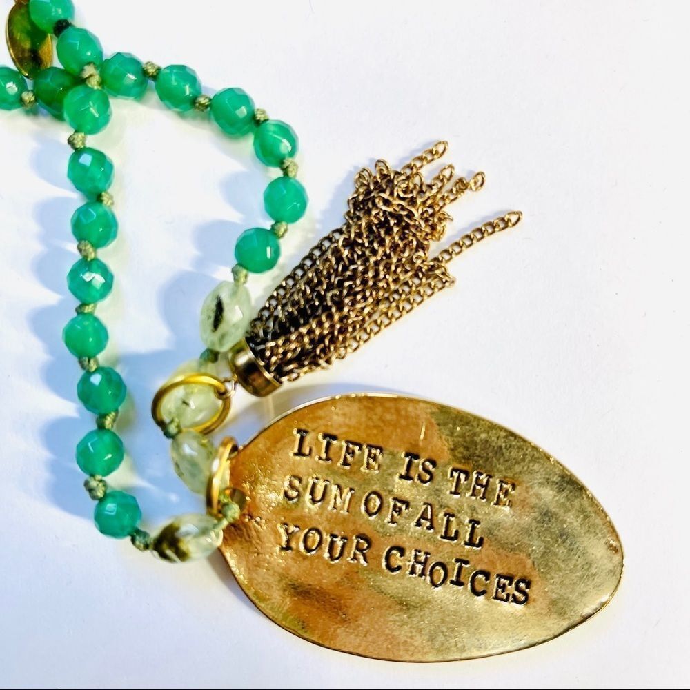 Convertible green onyx and prehnite hand stamped necklace.